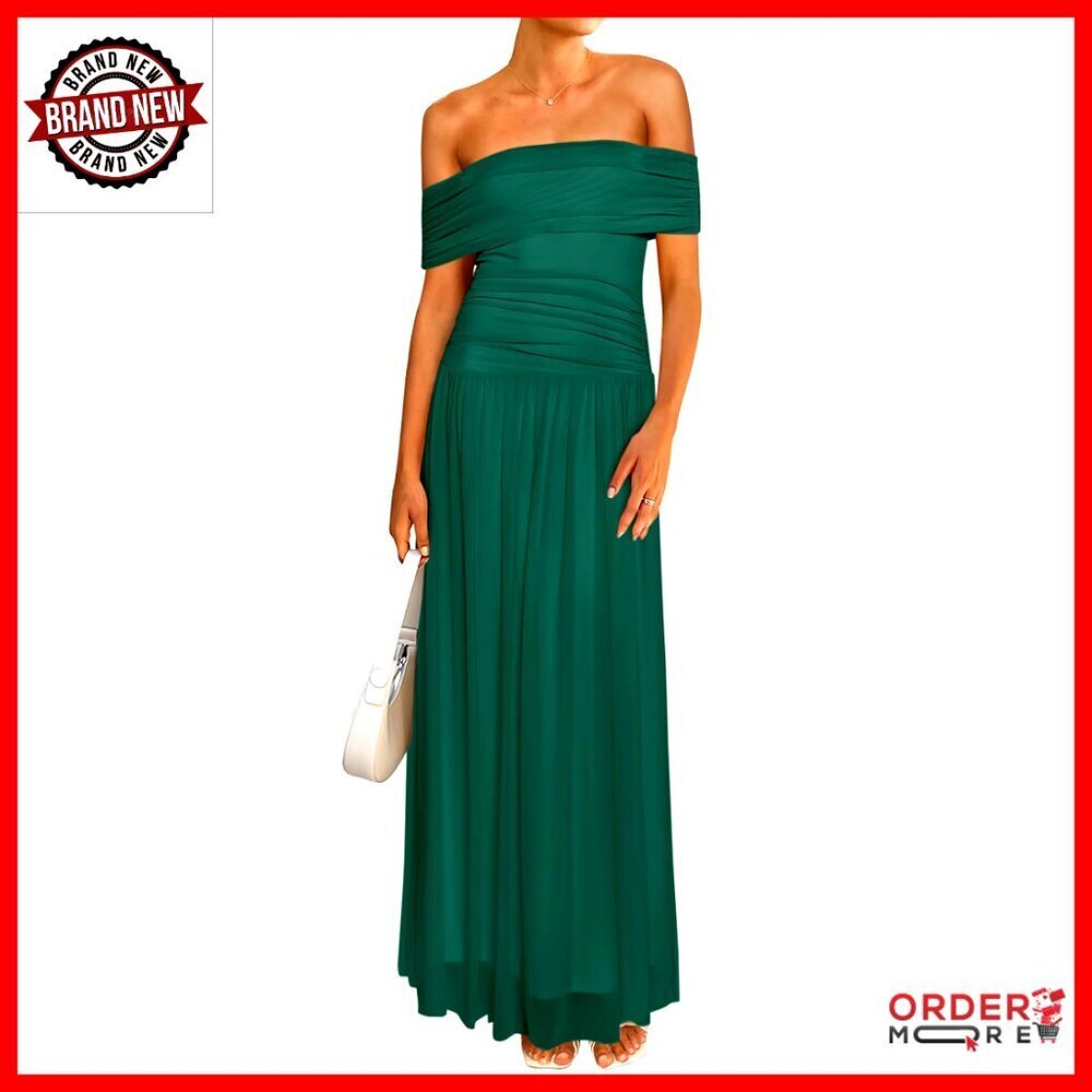 Off Shoulder Mesh Maxi Dress Ruched Bodycon Formal Evening Cocktail